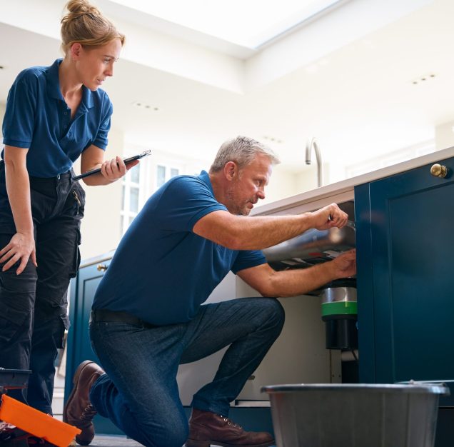 Male Plumber With Female Trainee Using Digital Tablet Fixing Waste Disposal Unit In Kitchen Sink